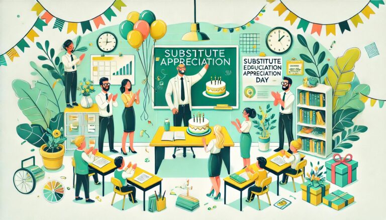 Substitute teacher celebrating Substitute Educator Appreciation Day.
