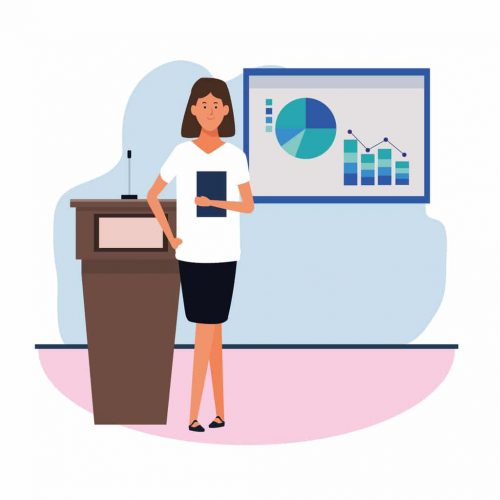 cartoon executive woman icon, colorful design cartoon executive woman standing next to a conference podium and graphic charts, colorful design. vector illustration