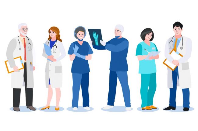 Doctors, surgeon and nurse isolated on white background. Vector flat cartoon illustration. Medical people characters Men and women doctors, surgeon and nurse isolated on white background. Vector flat cartoon illustration. Medical team people characters set. Hospital professional staff in uniform.
