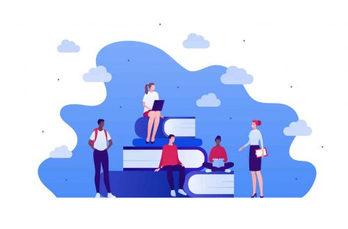 Student education concept. Vector flat person illustration. Female professor and group of young adult people sit on stack of book. Backpack and laptop sign. Design for banner, web, infographic. Student education concept. Vector flat person illustration. Female professor and group of young adult people sit on stack of book. Backpack and laptop sign. Design for banner, web, infographic.