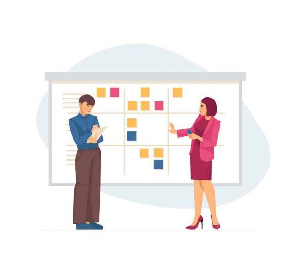 Multitasking, planning teamwork and time management. Team plans their work standing beside scrum task board with sticky note cards. Work productivity, business workflow optimization cartoon Multitasking, planning teamwork and time management. Team plans their work standing beside scrum task board with sticky note cards. Work productivity, business workflow optimization cartoon vector