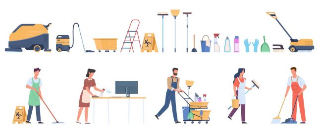 Cleaning equipment. Professional household services employees. Office and industrial premises hygiene, staff with detergents, special tools and industrial washer equipment vector set Cleaning equipment. Professional household services employees. Office and industrial premises hygiene, staff with detergents, special tools and industrial washer equipment vector isolated flat set
