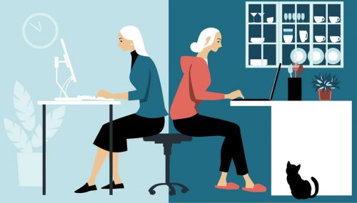 Hybrid work schedule Woman in hybrid work place sharing her time between an office and working from home remotely, EPS 8 vector illustration