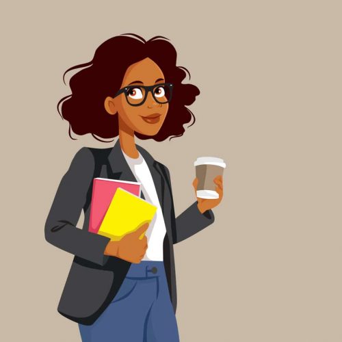 Businesswoman Holding Books and a Coffee Vector Character Young woman holding an energy drink and some textbooks
