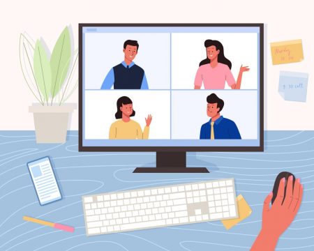 Office workspace with computer screen. Group of people talking Office workspace with computer screen. Group of people talking by internet. Business team working online. Remote education at home concept. Workplace desk top angle view flat vector illustration
