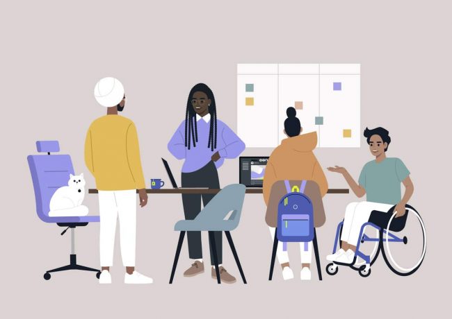 Inclusive office, a group of young millennial characters working on a project, staff meeting, management Inclusive office, a group of young millennial characters working on a project, staff meeting, management