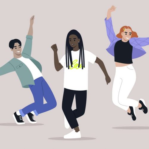A diverse group of characters performing a contemporary dance practice collectively A diverse group of characters performing a contemporary dance practice collectively