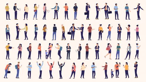 Office and business people vector collection Set of characters working with computers, standing, talking and doing work. Flat design illustration