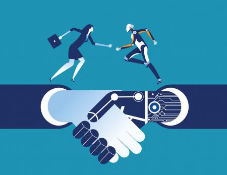 Business human and robot. Concept business artificial intelligence illustration. Vector technology. Business human and robot. Concept business artificial intelligence illustration. Vector technology.