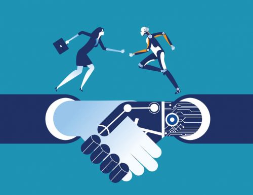 Business human and robot. Concept business artificial intelligence illustration. Vector technology.