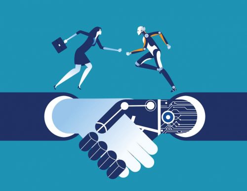 Business human and robot. Concept business artificial intelligence illustration. Vector technology. Business human and robot. Concept business artificial intelligence illustration. Vector technology.